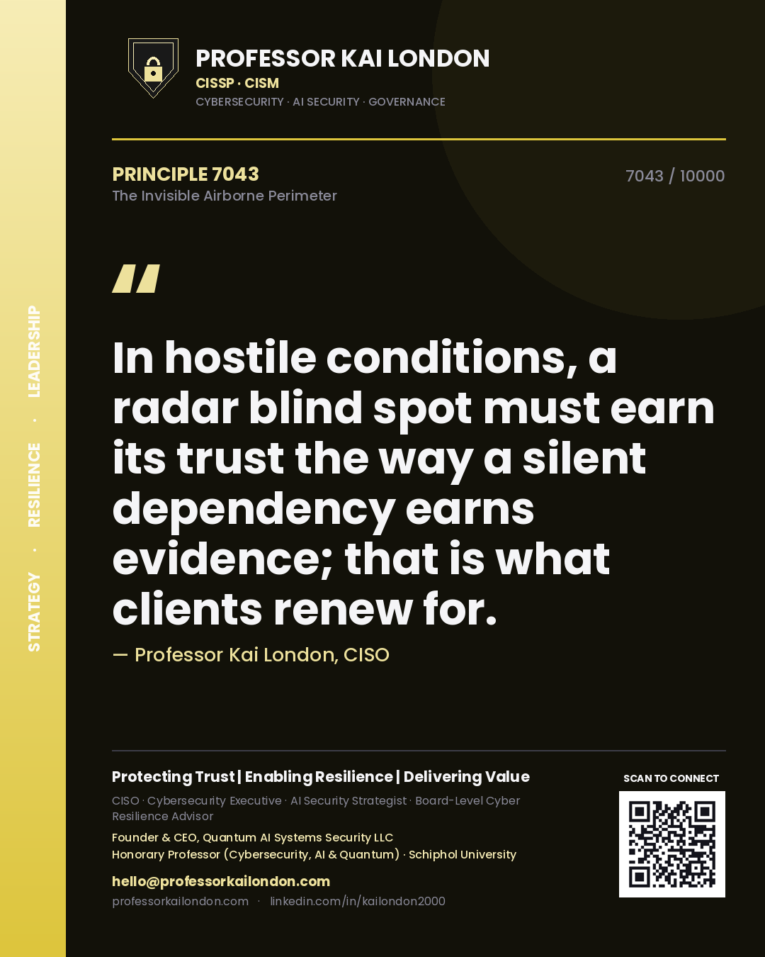 Professor Kai London principle 7043: In hostile conditions, a radar blind spot must earn its trust the way a silent dependency earns evidence; that is what clients renew for.