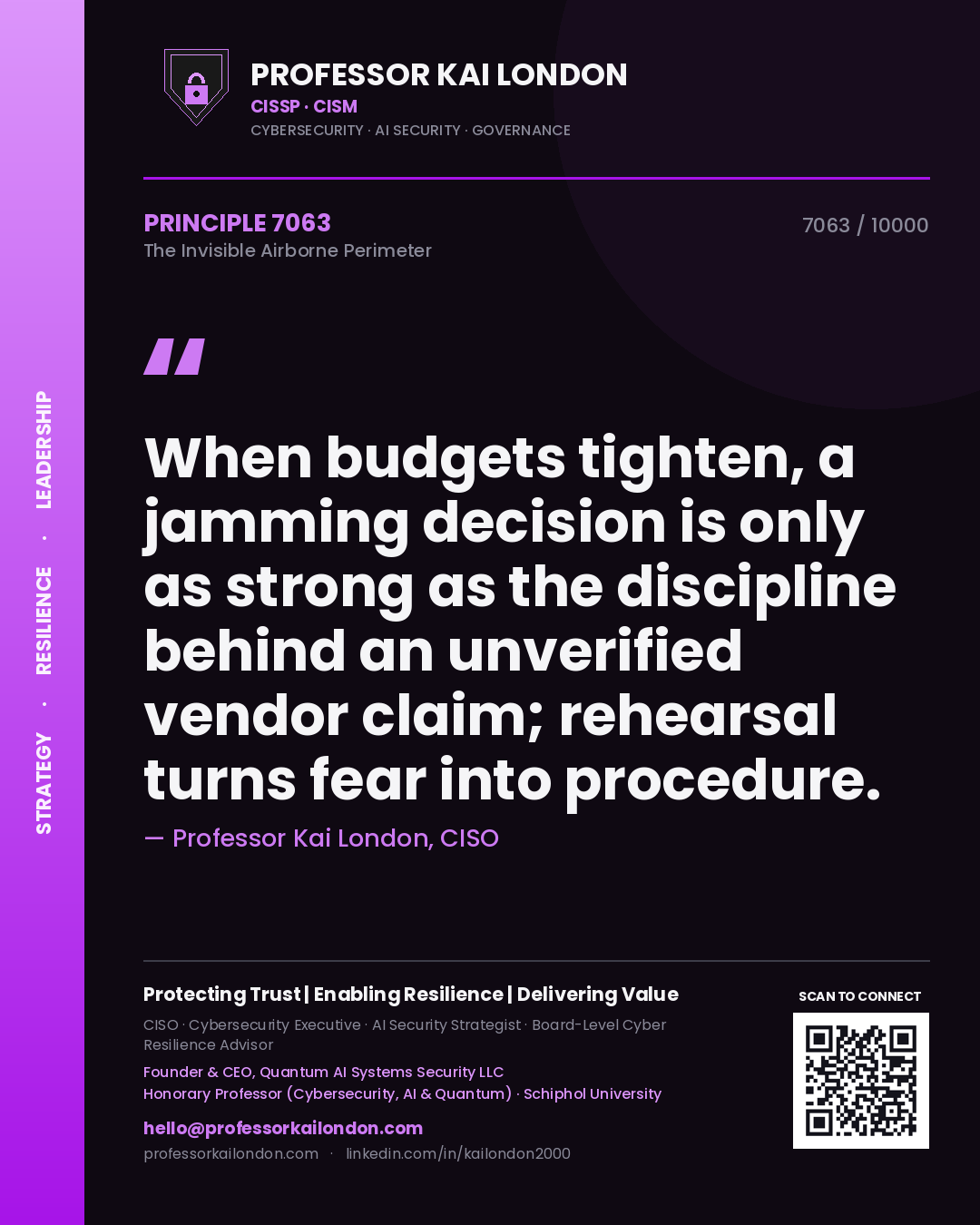 Quote card by Professor Kai London reading 'When budgets tighten, a jamming decision is only as strong as the discipline behind an unverified vendor claim; rehearsal turns fear into procedure.'. From the book The Invisible Airborne Perimeter.