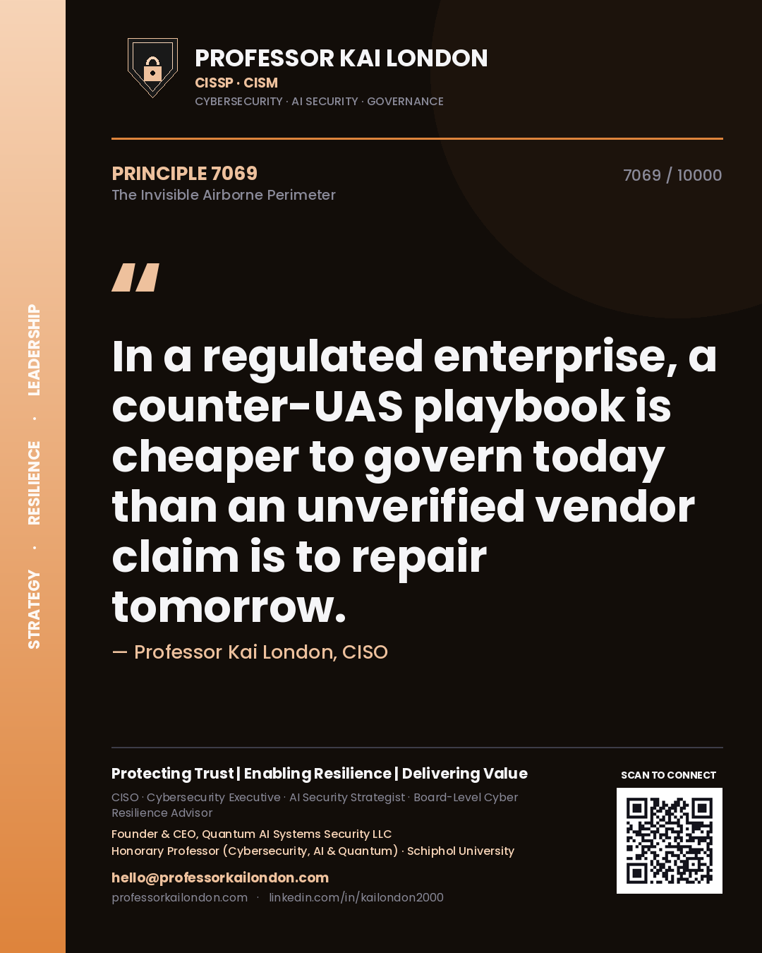 Professor Kai London principle 7069: In a regulated enterprise, a counter-UAS playbook is cheaper to govern today than an unverified vendor claim is to repair tomorrow.