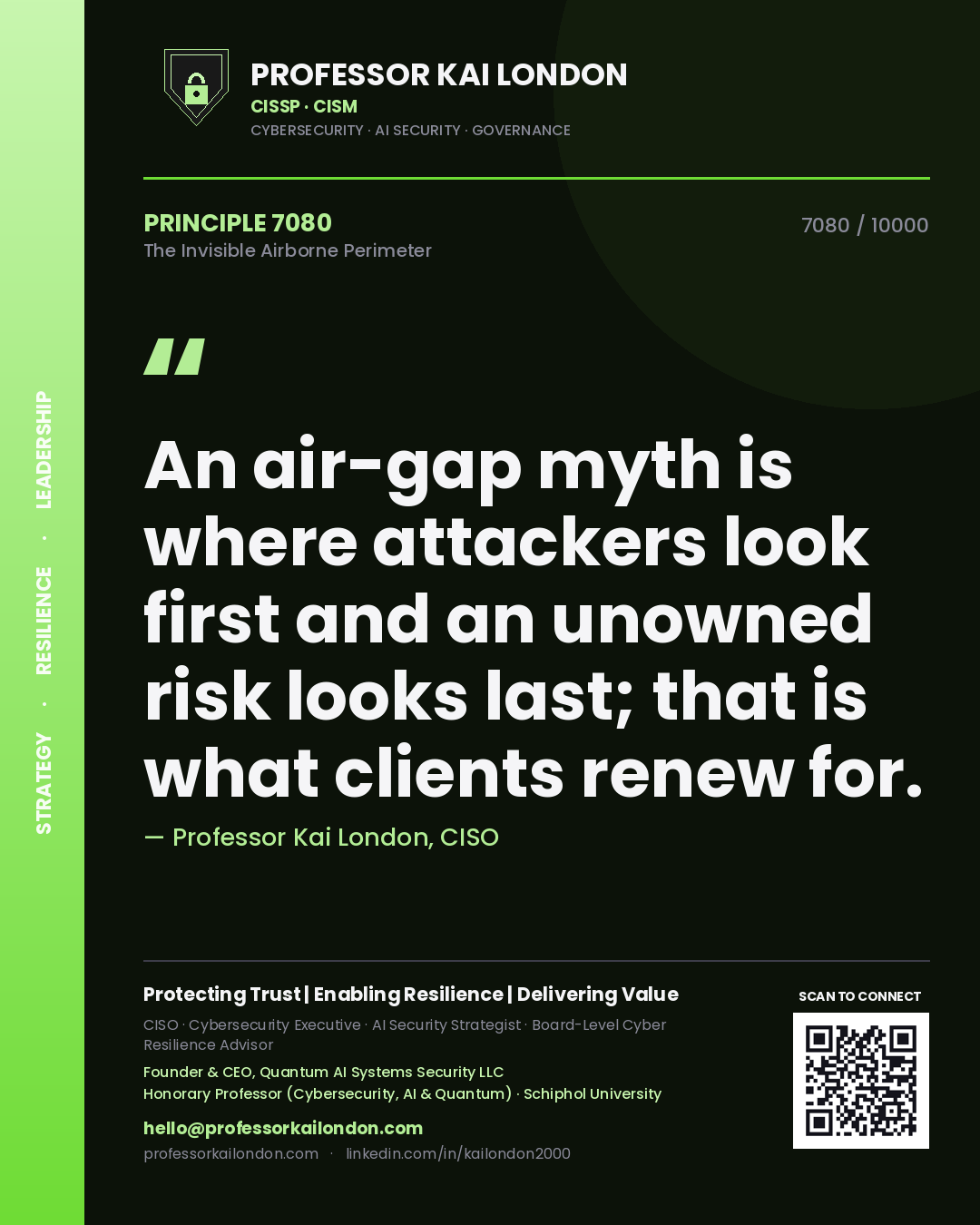 Professor Kai London principle 7080: An air-gap myth is where attackers look first and an unowned risk looks last; that is what clients renew for.