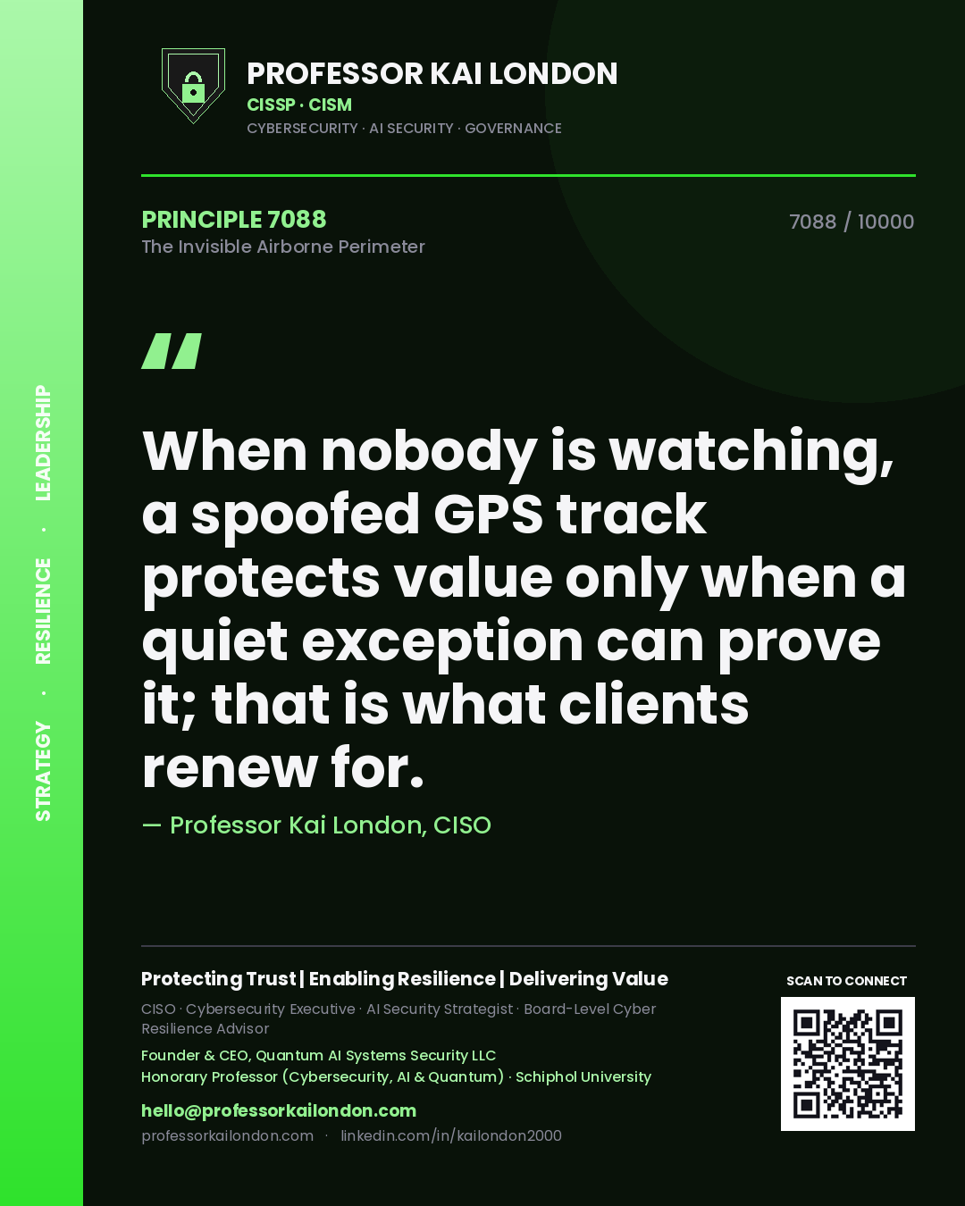 Quote card by Professor Kai London reading 'When nobody is watching, a spoofed GPS track protects value only when a quiet exception can prove it; that is what clients renew for.'. From the book The Invisible Airborne Perimeter.