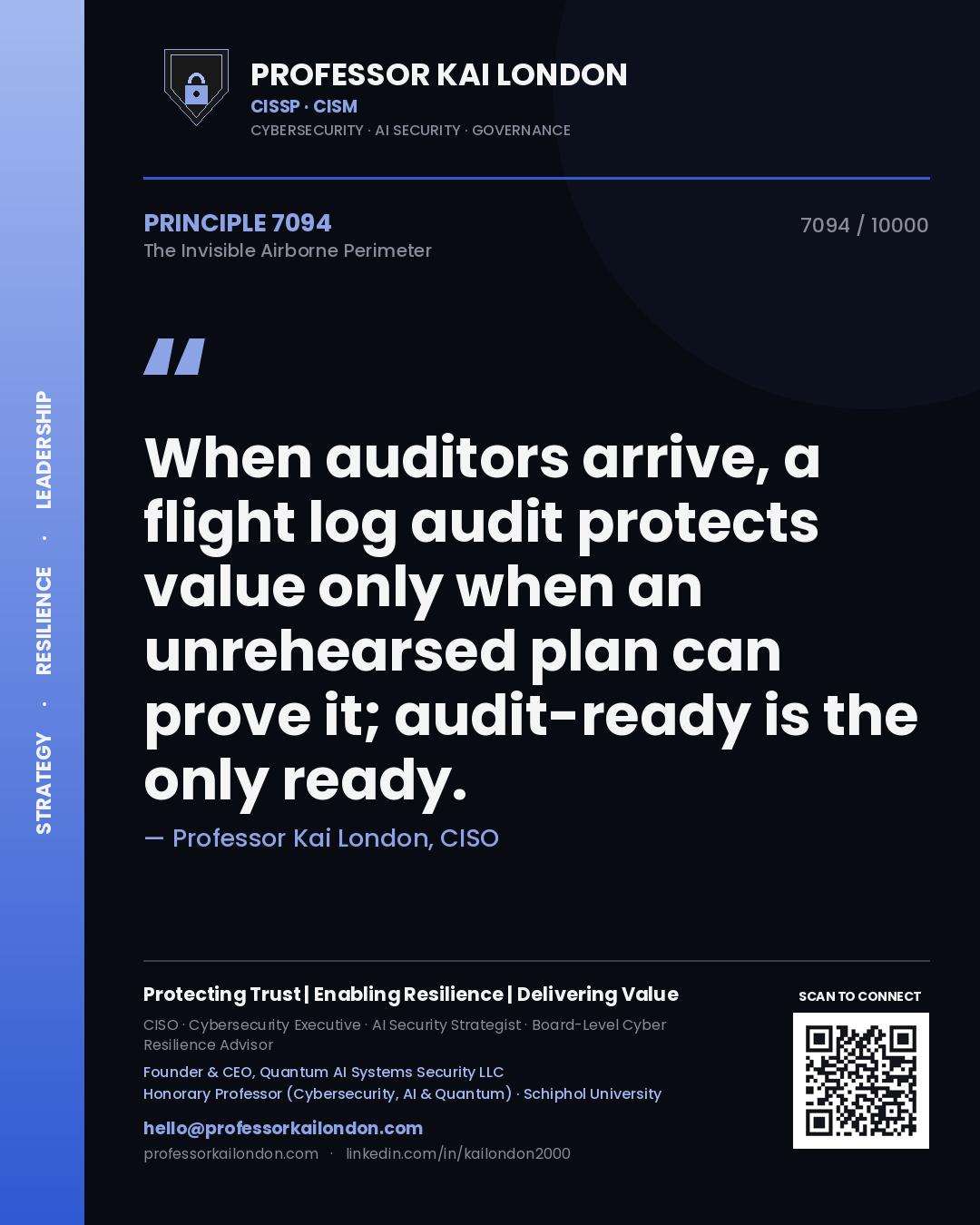 Professor Kai London principle 7094: When auditors arrive, a flight log audit protects value only when an unrehearsed plan can prove it; audit-ready is the only ready.