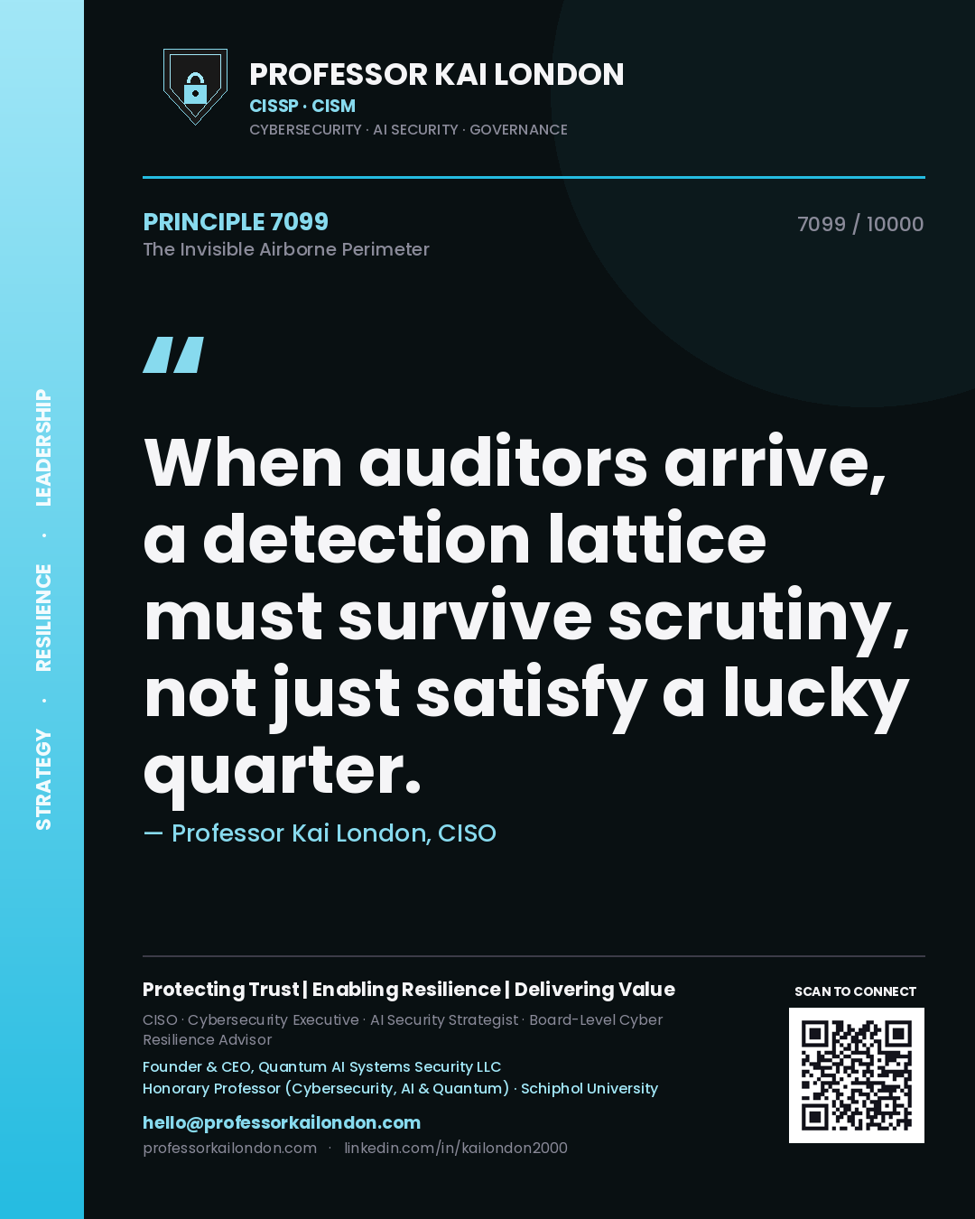 Quote card by Professor Kai London reading 'When auditors arrive, a detection lattice must survive scrutiny, not just satisfy a lucky quarter.'. From the book The Invisible Airborne Perimeter.