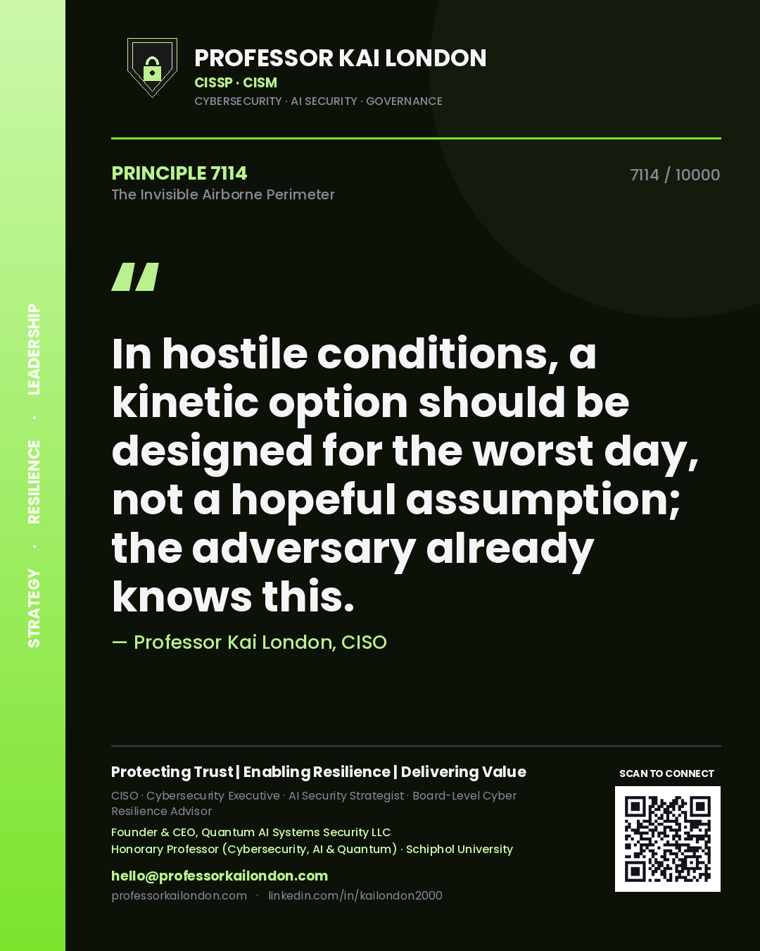 Professor Kai London principle 7114: In hostile conditions, a kinetic option should be designed for the worst day, not a hopeful assumption; the adversary already knows this.