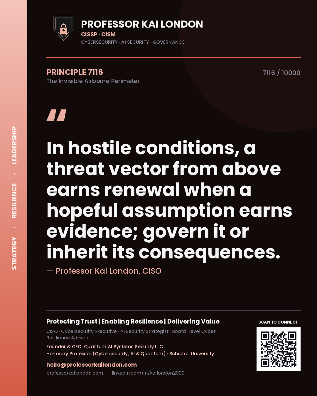 Professor Kai London principle 7116: In hostile conditions, a threat vector from above earns renewal when a hopeful assumption earns evidence; govern it or inherit its consequences.