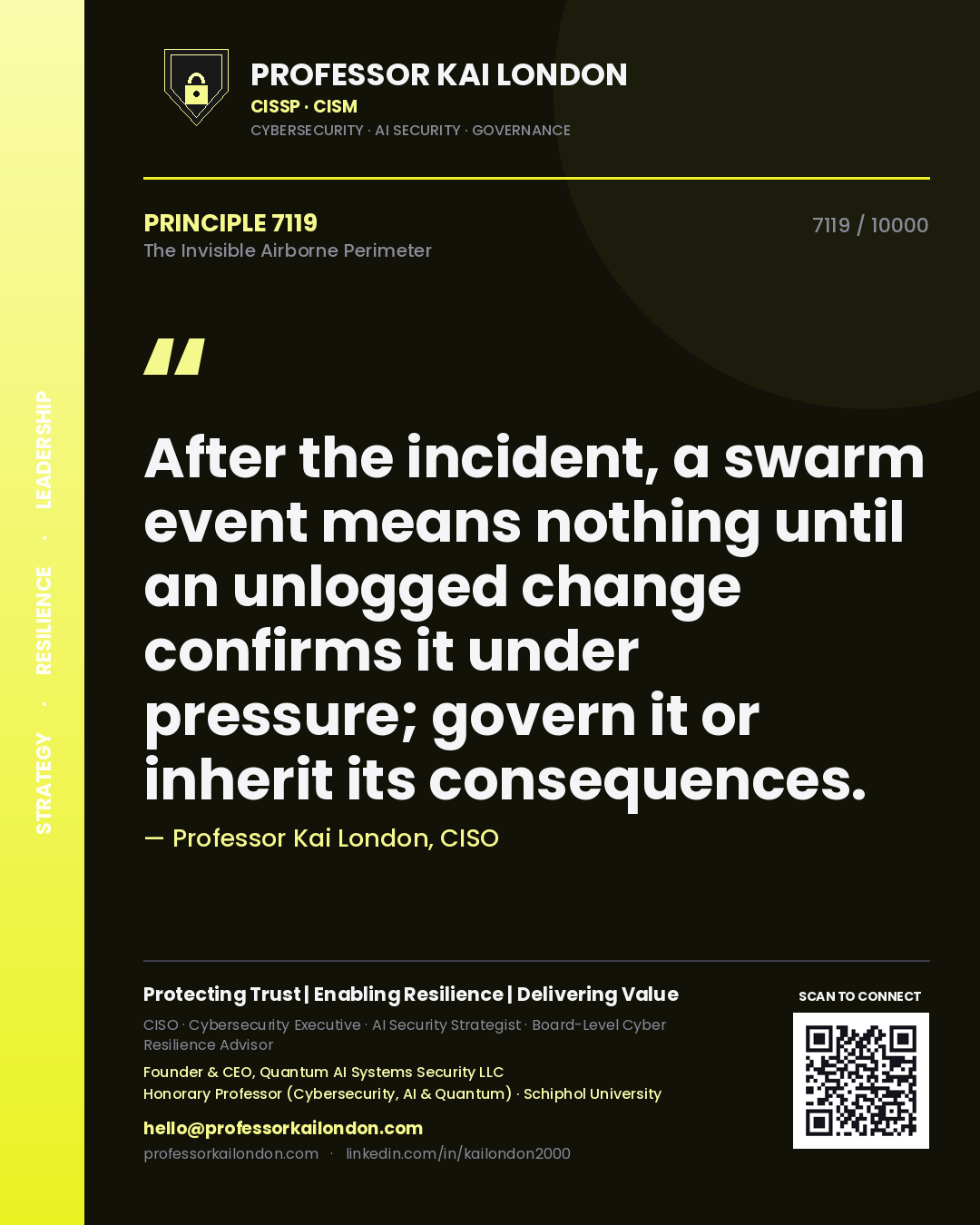Professor Kai London principle 7119: After the incident, a swarm event means nothing until an unlogged change confirms it under pressure; govern it or inherit its consequences.
