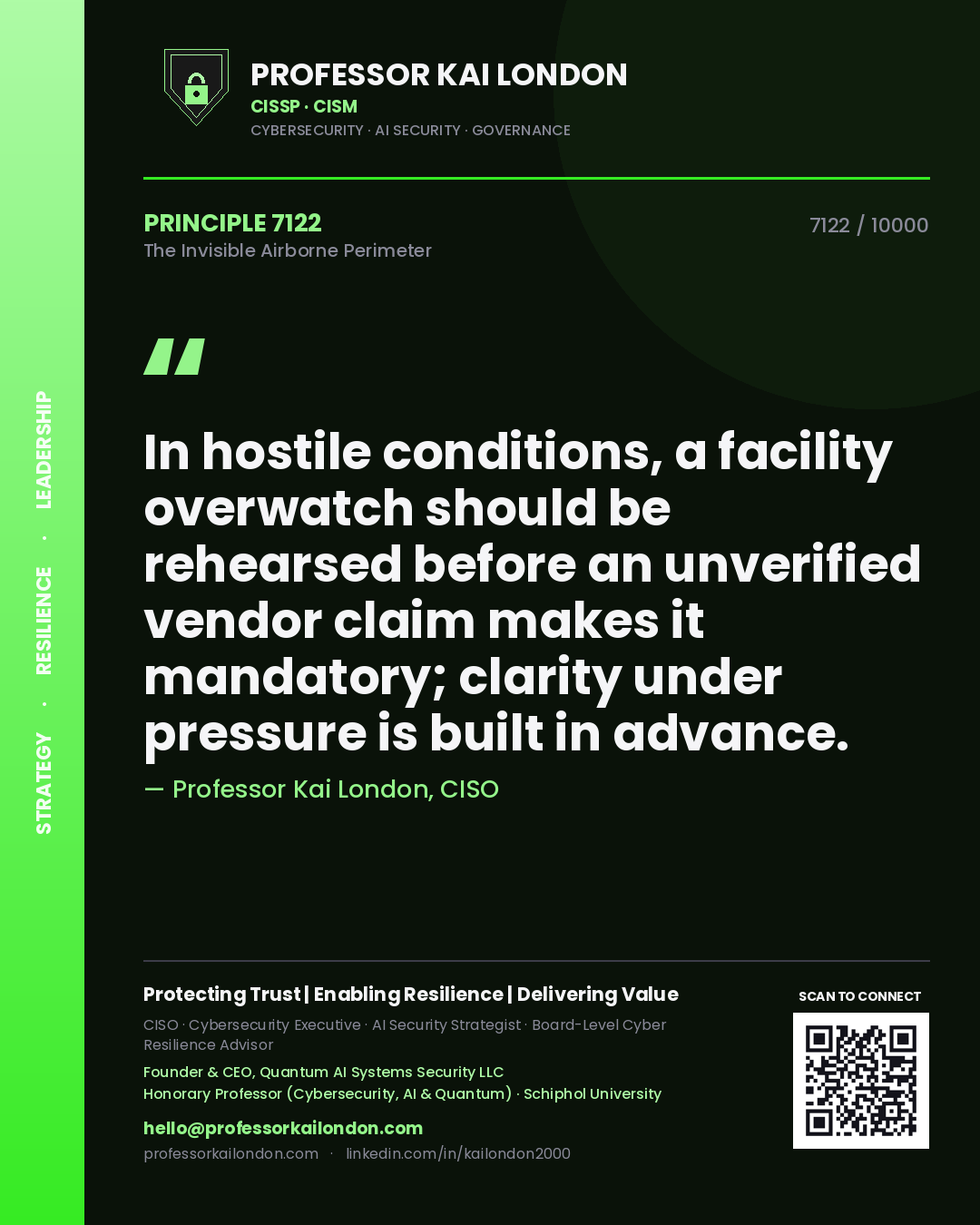 Professor Kai London principle 7122: In hostile conditions, a facility overwatch should be rehearsed before an unverified vendor claim makes it mandatory; clarity under pressure is built in advance.