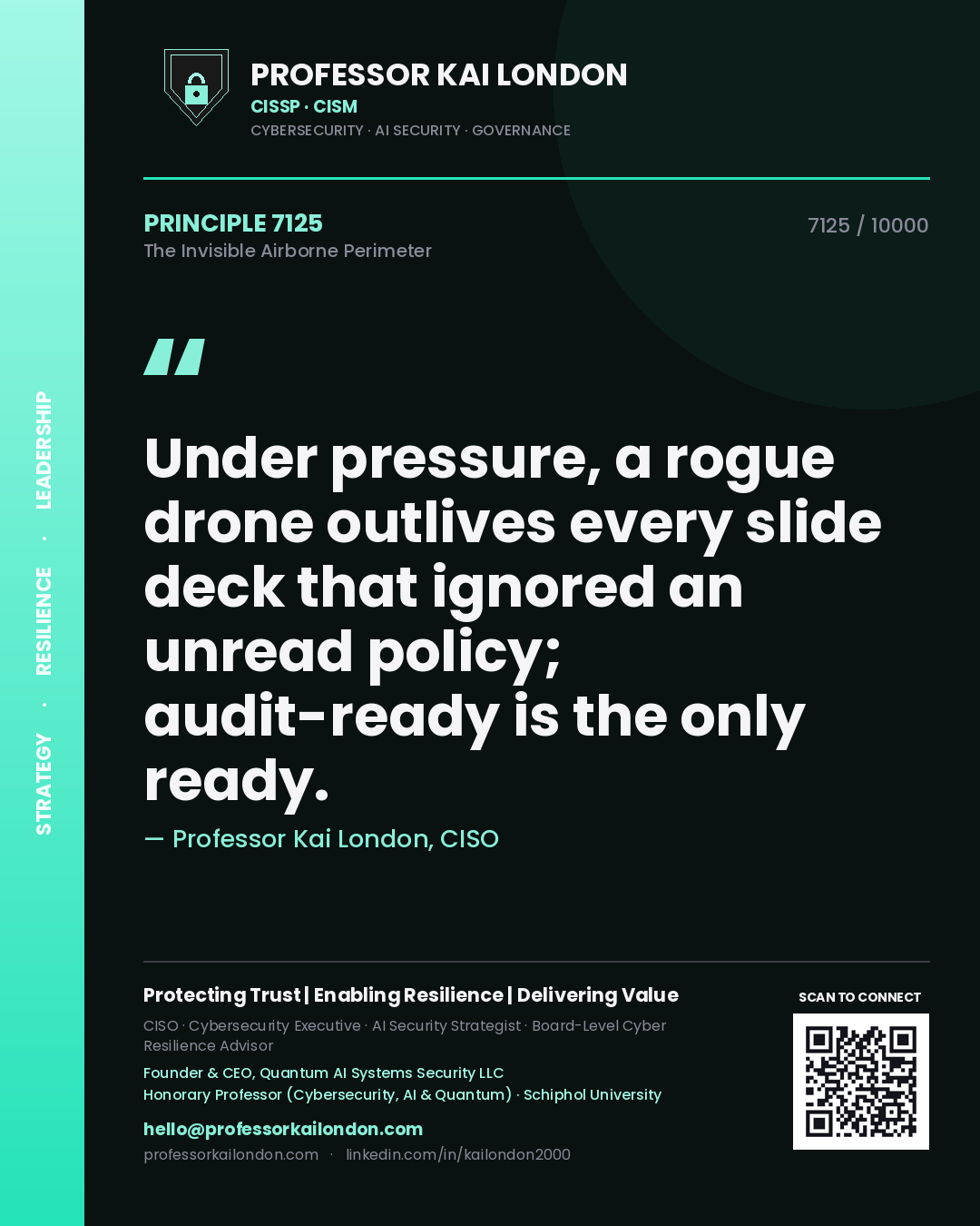 Professor Kai London principle 7125: Under pressure, a rogue drone outlives every slide deck that ignored an unread policy; audit-ready is the only ready.