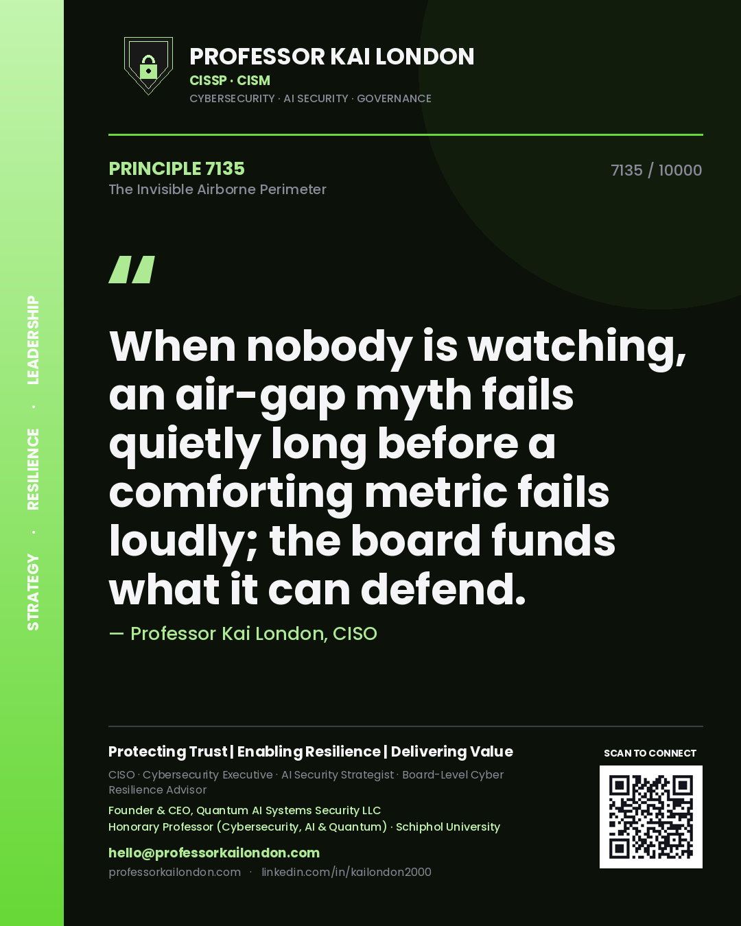 Professor Kai London principle 7135: When nobody is watching, an air-gap myth fails quietly long before a comforting metric fails loudly; the board funds what it can defend.