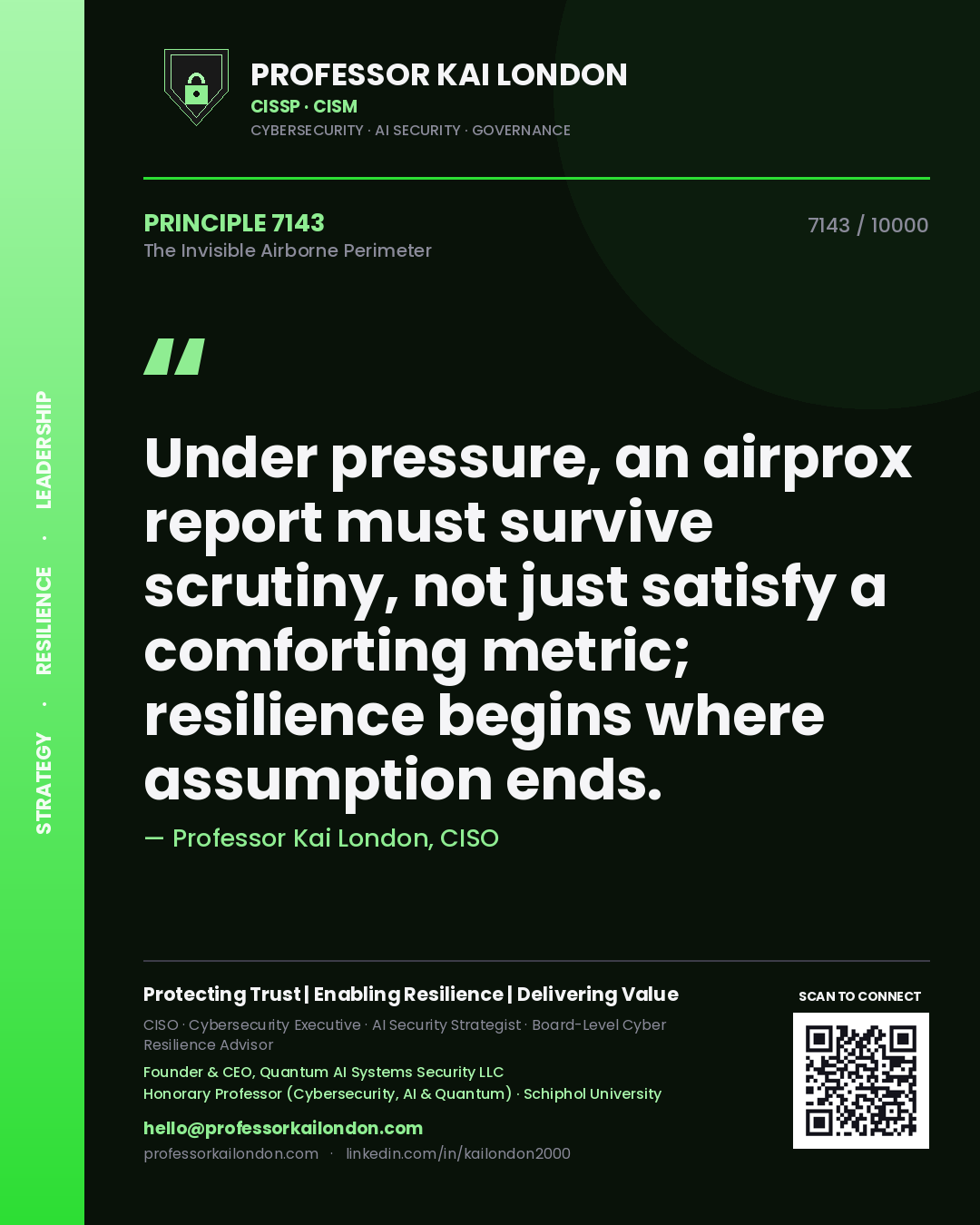 Quote card by Professor Kai London reading 'Under pressure, an airprox report must survive scrutiny, not just satisfy a comforting metric; resilience begins where assumption ends.'. From the book The Invisible Airborne Perimeter.