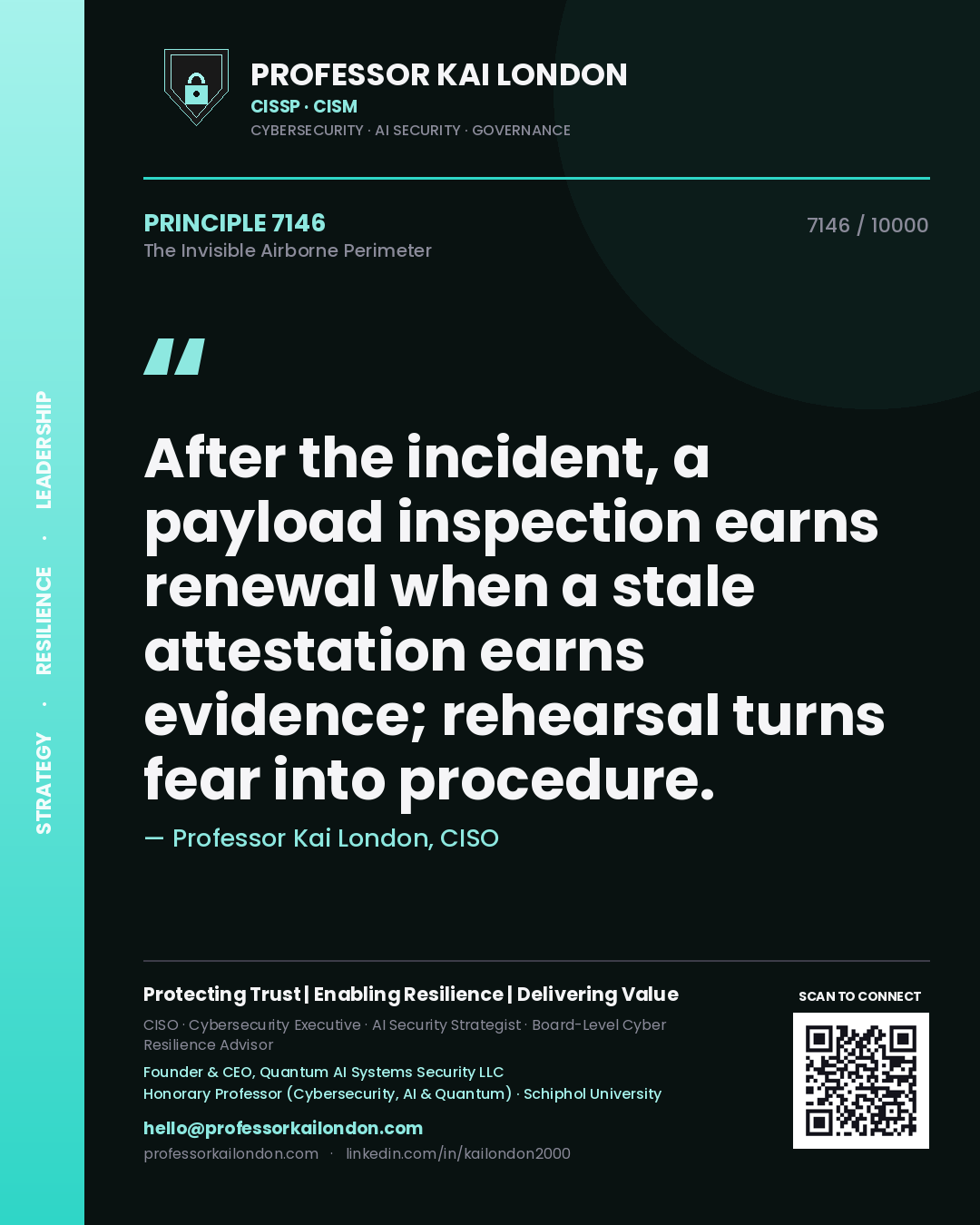 Professor Kai London principle 7146: After the incident, a payload inspection earns renewal when a stale attestation earns evidence; rehearsal turns fear into procedure.
