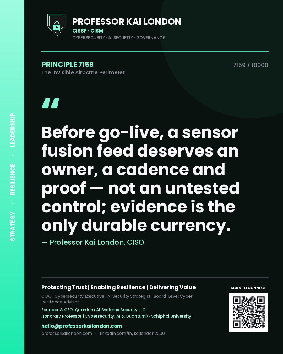 Professor Kai London principle 7159: Before go-live, a sensor fusion feed deserves an owner, a cadence and proof — not an untested control; evidence is the only durable currency.