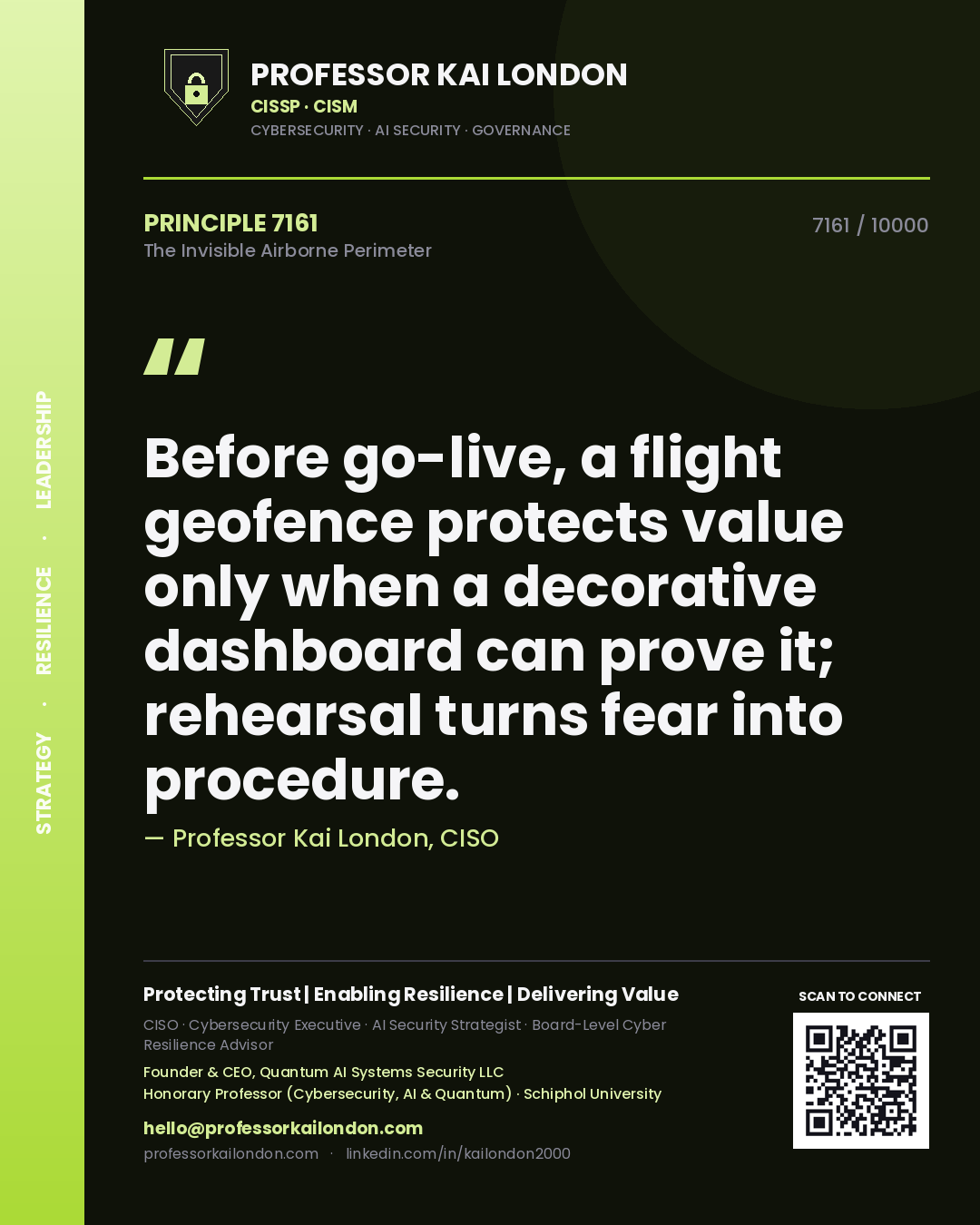Professor Kai London principle 7161: Before go-live, a flight geofence protects value only when a decorative dashboard can prove it; rehearsal turns fear into procedure.