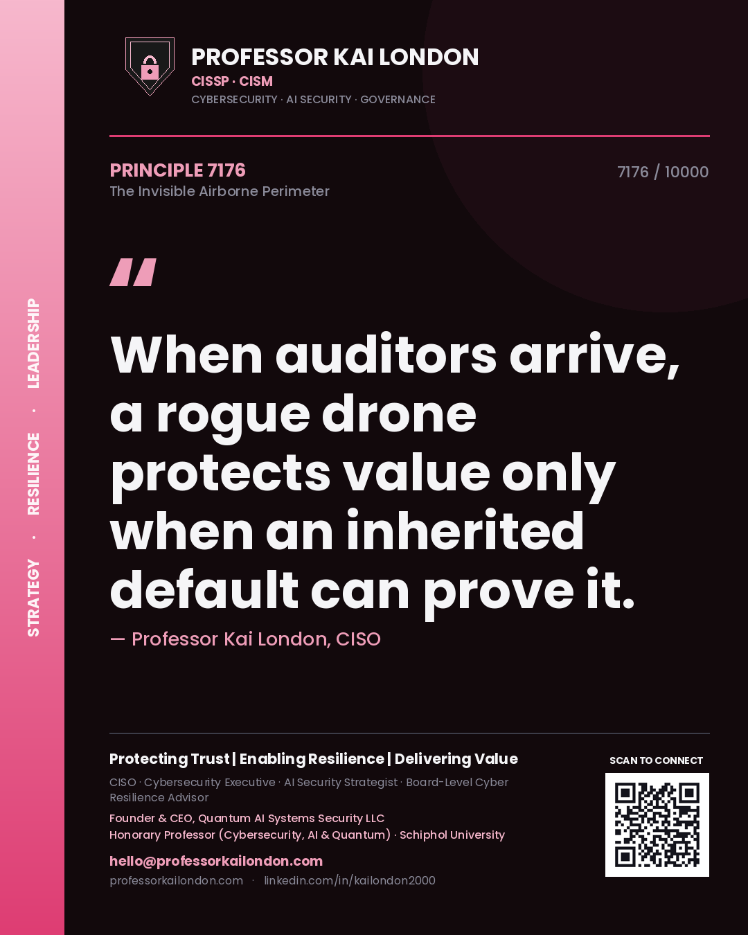 Professor Kai London principle 7176: When auditors arrive, a rogue drone protects value only when an inherited default can prove it.