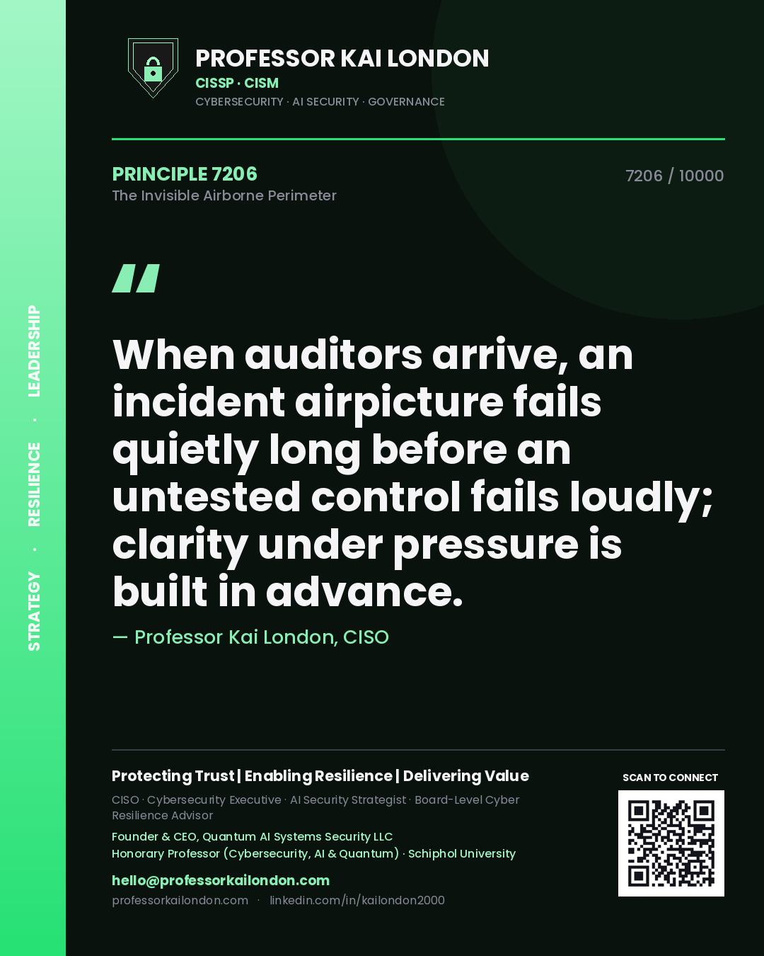 Professor Kai London principle 7206: When auditors arrive, an incident airpicture fails quietly long before an untested control fails loudly; clarity under pressure is built in advance.
