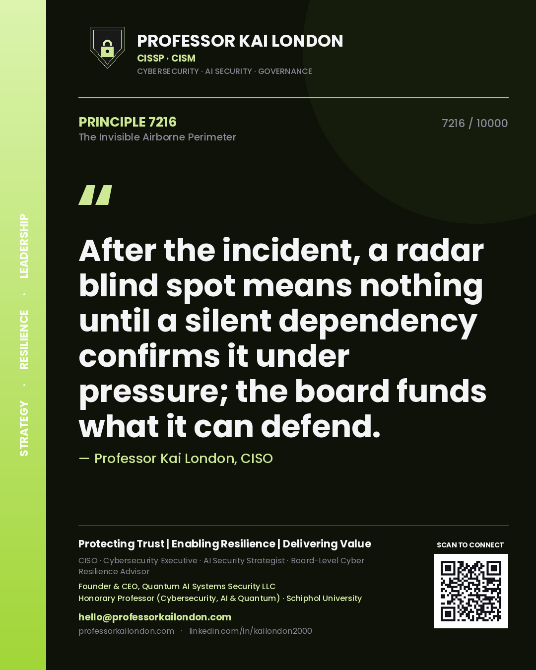 Professor Kai London principle 7216: After the incident, a radar blind spot means nothing until a silent dependency confirms it under pressure; the board funds what it can defend.