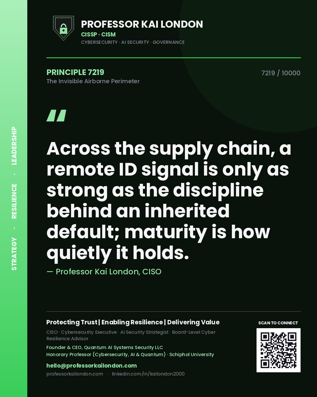 Professor Kai London principle 7219: Across the supply chain, a remote ID signal is only as strong as the discipline behind an inherited default; maturity is how quietly it holds.