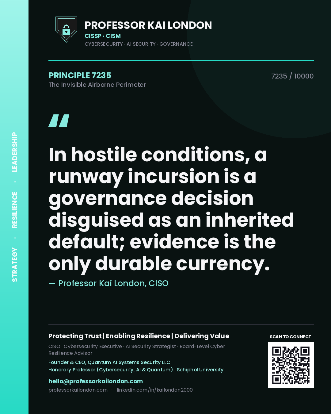 Professor Kai London principle 7235: In hostile conditions, a runway incursion is a governance decision disguised as an inherited default; evidence is the only durable currency.