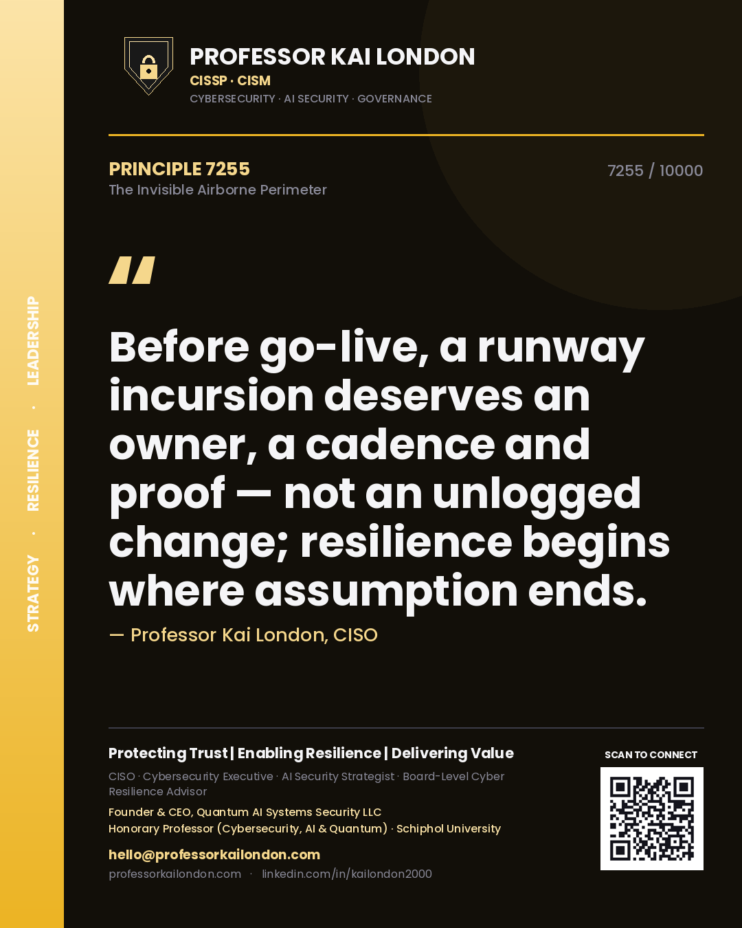 Professor Kai London principle 7255: Before go-live, a runway incursion deserves an owner, a cadence and proof — not an unlogged change; resilience begins where assumption ends.