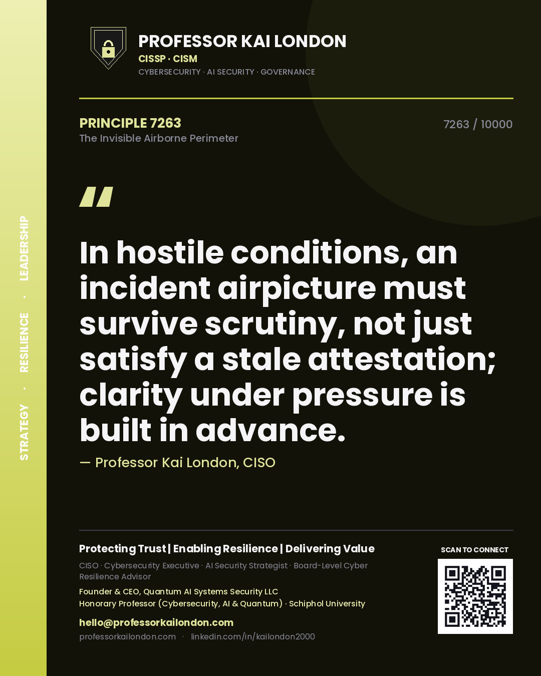 Professor Kai London principle 7263: In hostile conditions, an incident airpicture must survive scrutiny, not just satisfy a stale attestation; clarity under pressure is built in advance.