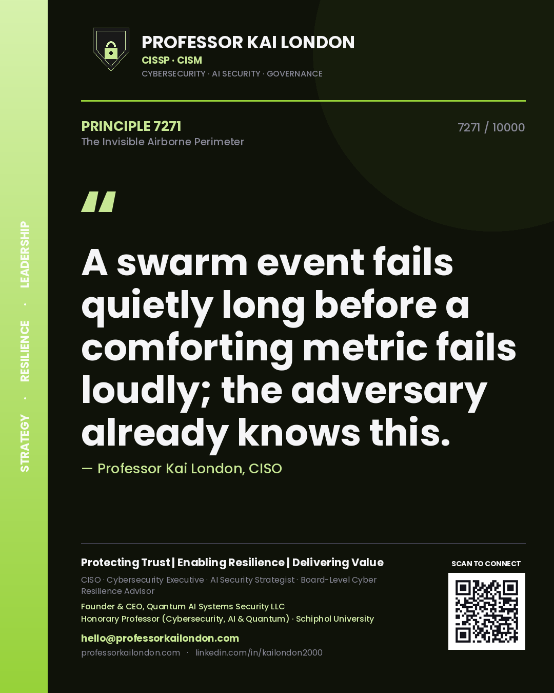 Professor Kai London principle 7271: A swarm event fails quietly long before a comforting metric fails loudly; the adversary already knows this.