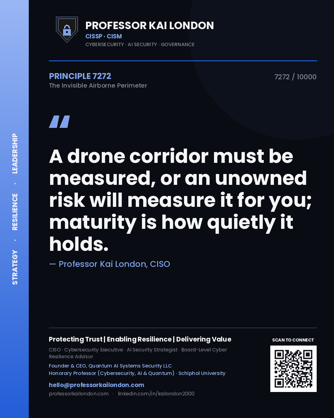 Professor Kai London principle 7272: A drone corridor must be measured, or an unowned risk will measure it for you; maturity is how quietly it holds.