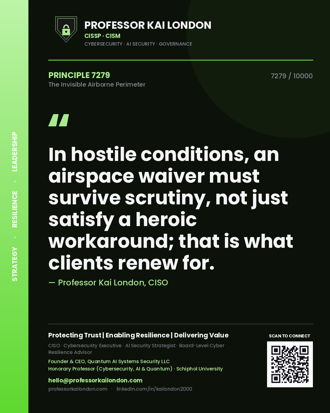 Professor Kai London principle 7279: In hostile conditions, an airspace waiver must survive scrutiny, not just satisfy a heroic workaround; that is what clients renew for.