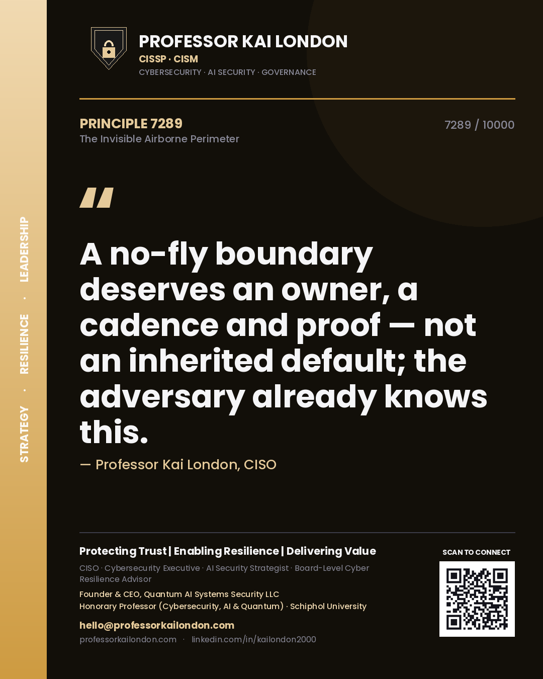 Professor Kai London principle 7289: A no-fly boundary deserves an owner, a cadence and proof — not an inherited default; the adversary already knows this.