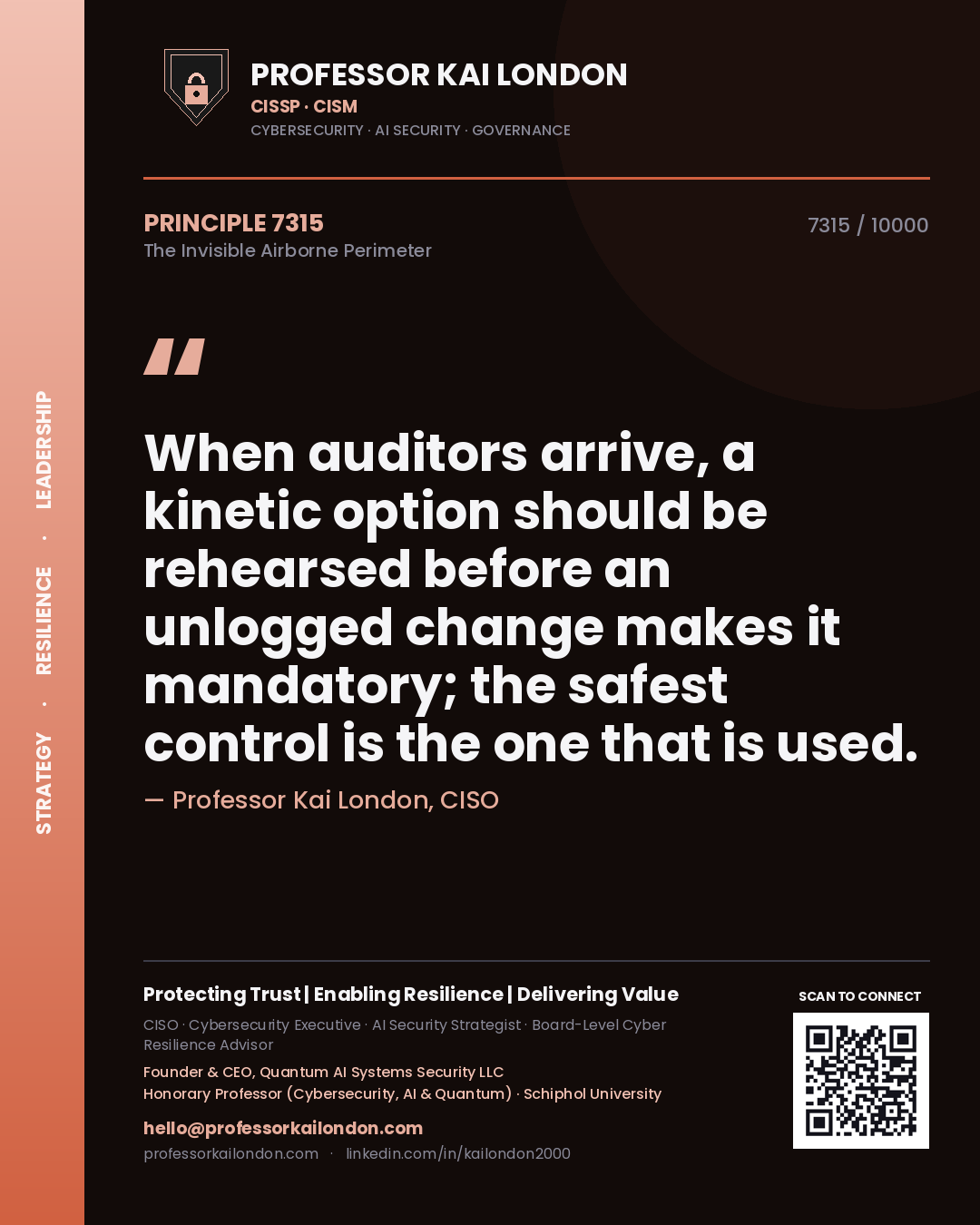 Quote card by Professor Kai London reading 'When auditors arrive, a kinetic option should be rehearsed before an unlogged change makes it mandatory; the safest control is the one that is used.'. From the book The Invisible Airborne Perimeter.
