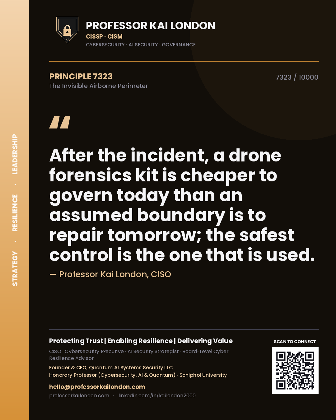 Quote card by Professor Kai London reading 'After the incident, a drone forensics kit is cheaper to govern today than an assumed boundary is to repair tomorrow; the safest control is the one that is used.'. From the book The Invisible Airborne Perimeter.