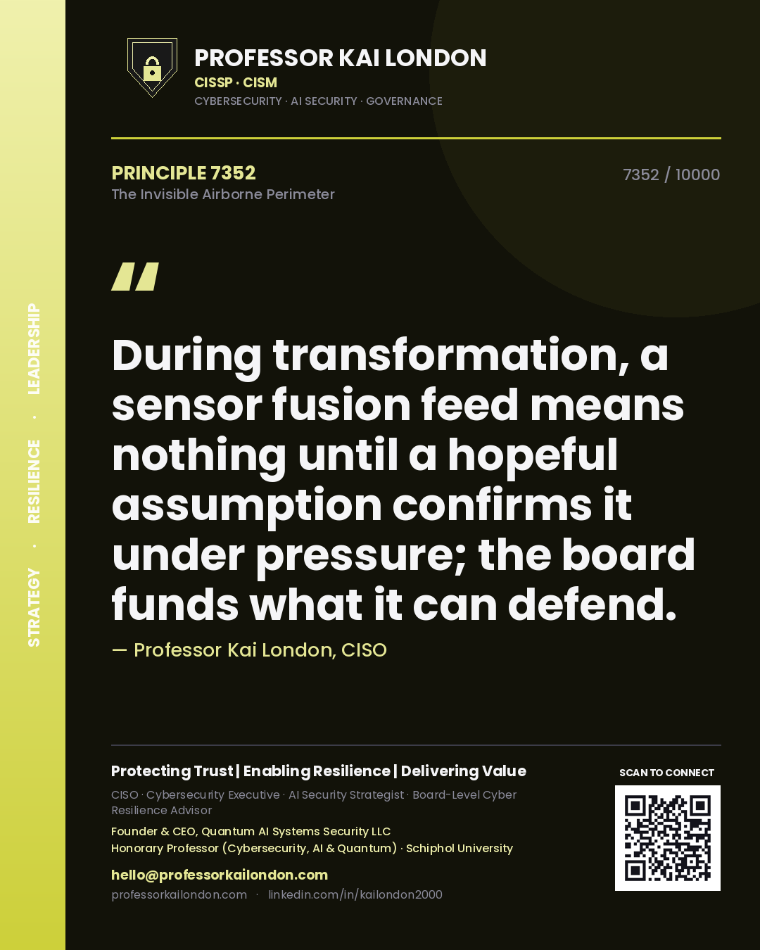 Quote card by Professor Kai London reading 'During transformation, a sensor fusion feed means nothing until a hopeful assumption confirms it under pressure; the board funds what it can defend.'. From the book The Invisible Airborne Perimeter.