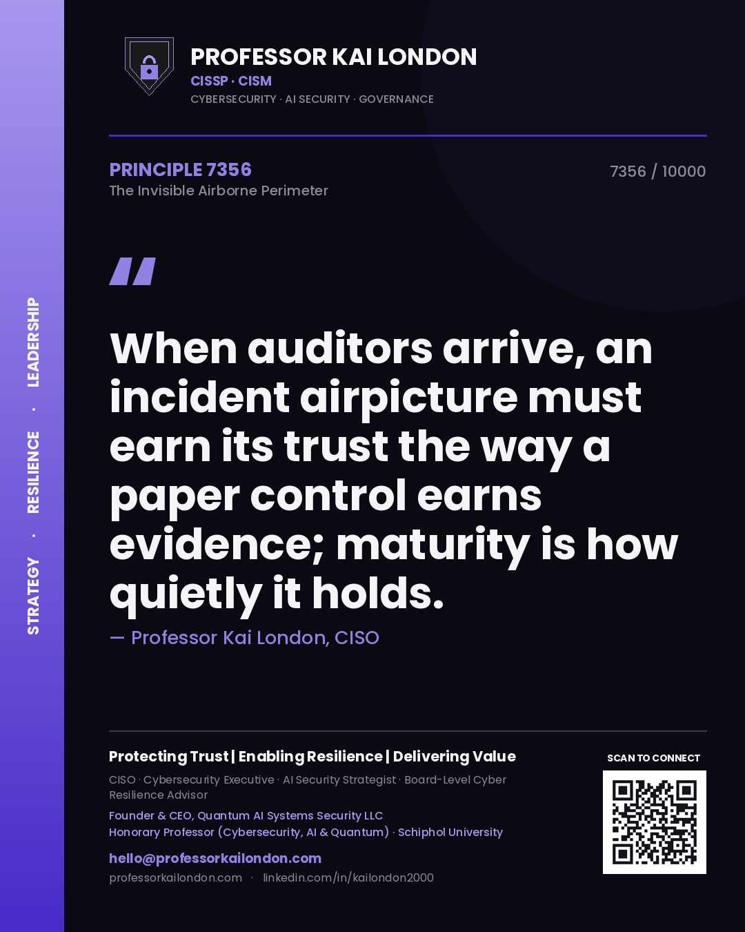 Quote card by Professor Kai London reading 'When auditors arrive, an incident airpicture must earn its trust the way a paper control earns evidence; maturity is how quietly it holds.'. From the book The Invisible Airborne Perimeter.