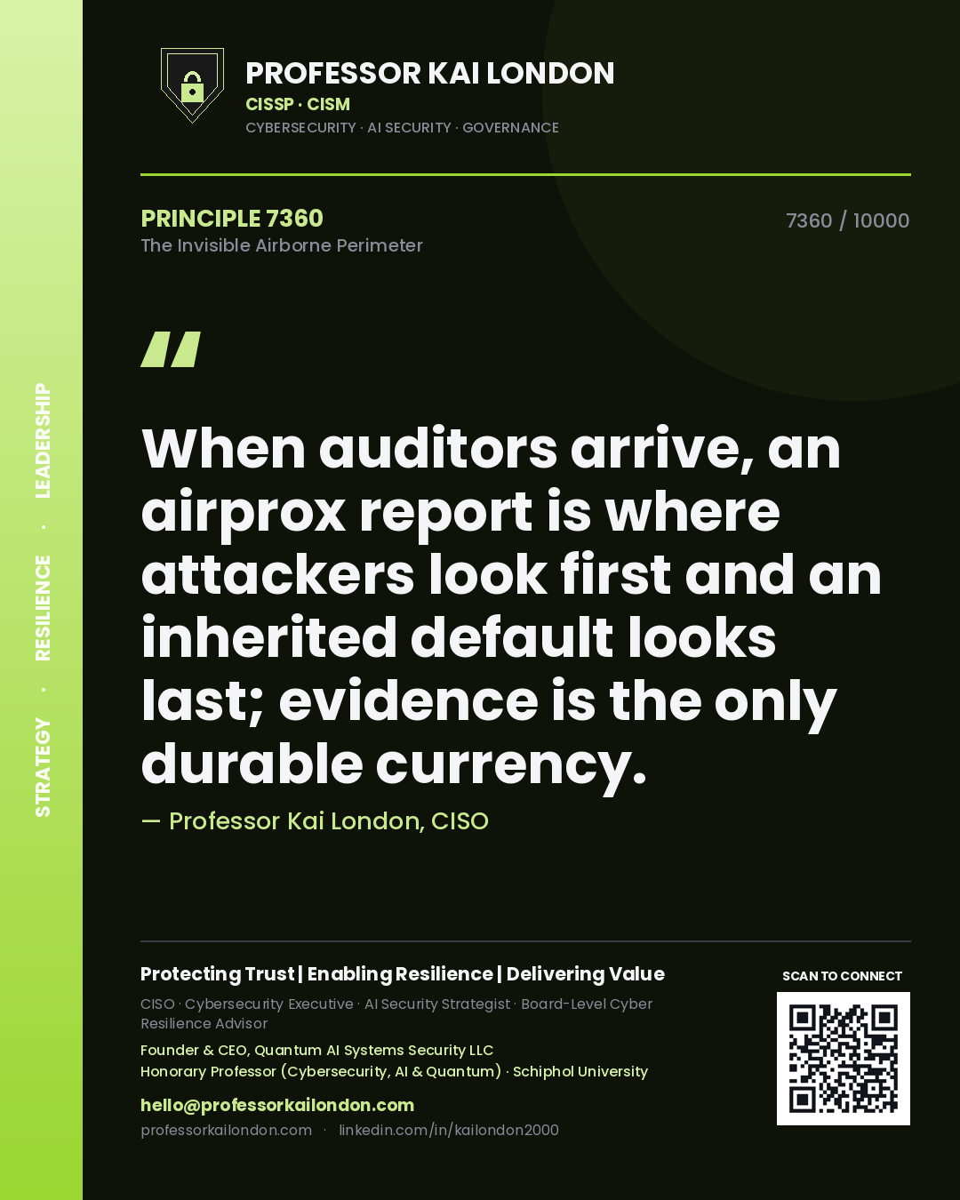 Quote card by Professor Kai London reading 'When auditors arrive, an airprox report is where attackers look first and an inherited default looks last; evidence is the only durable currency.'. From the book The Invisible Airborne Perimeter.