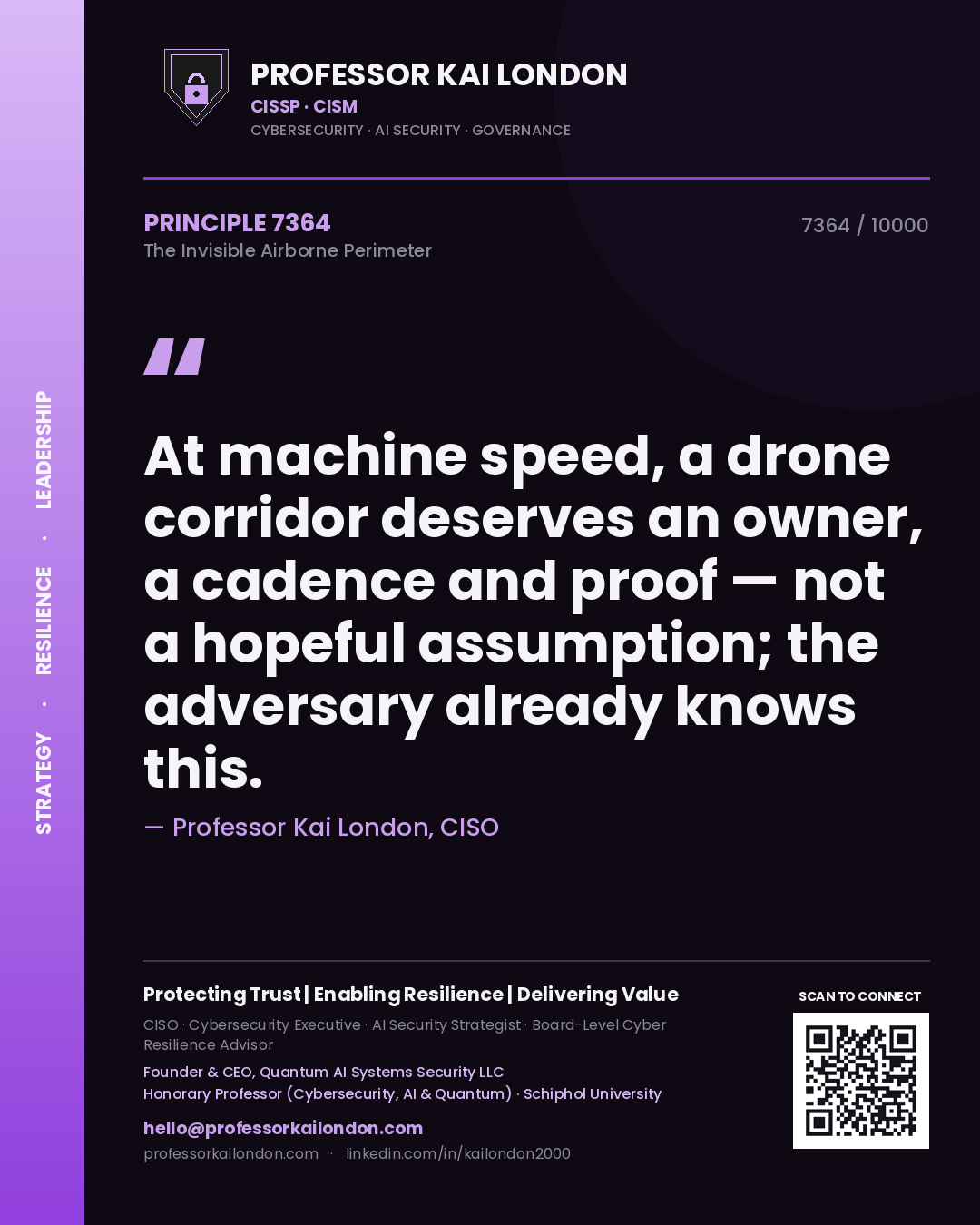 Quote card by Professor Kai London reading 'At machine speed, a drone corridor deserves an owner, a cadence and proof — not a hopeful assumption; the adversary already knows this.'. From the book The Invisible Airborne Perimeter.