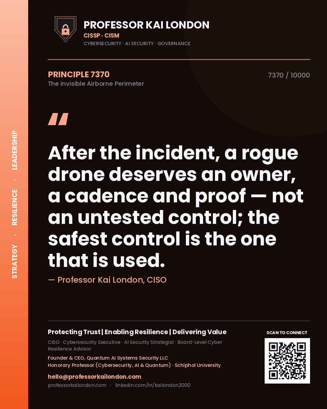 Quote card by Professor Kai London reading 'After the incident, a rogue drone deserves an owner, a cadence and proof — not an untested control; the safest control is the one that is used.'. From the book The Invisible Airborne Perimeter.
