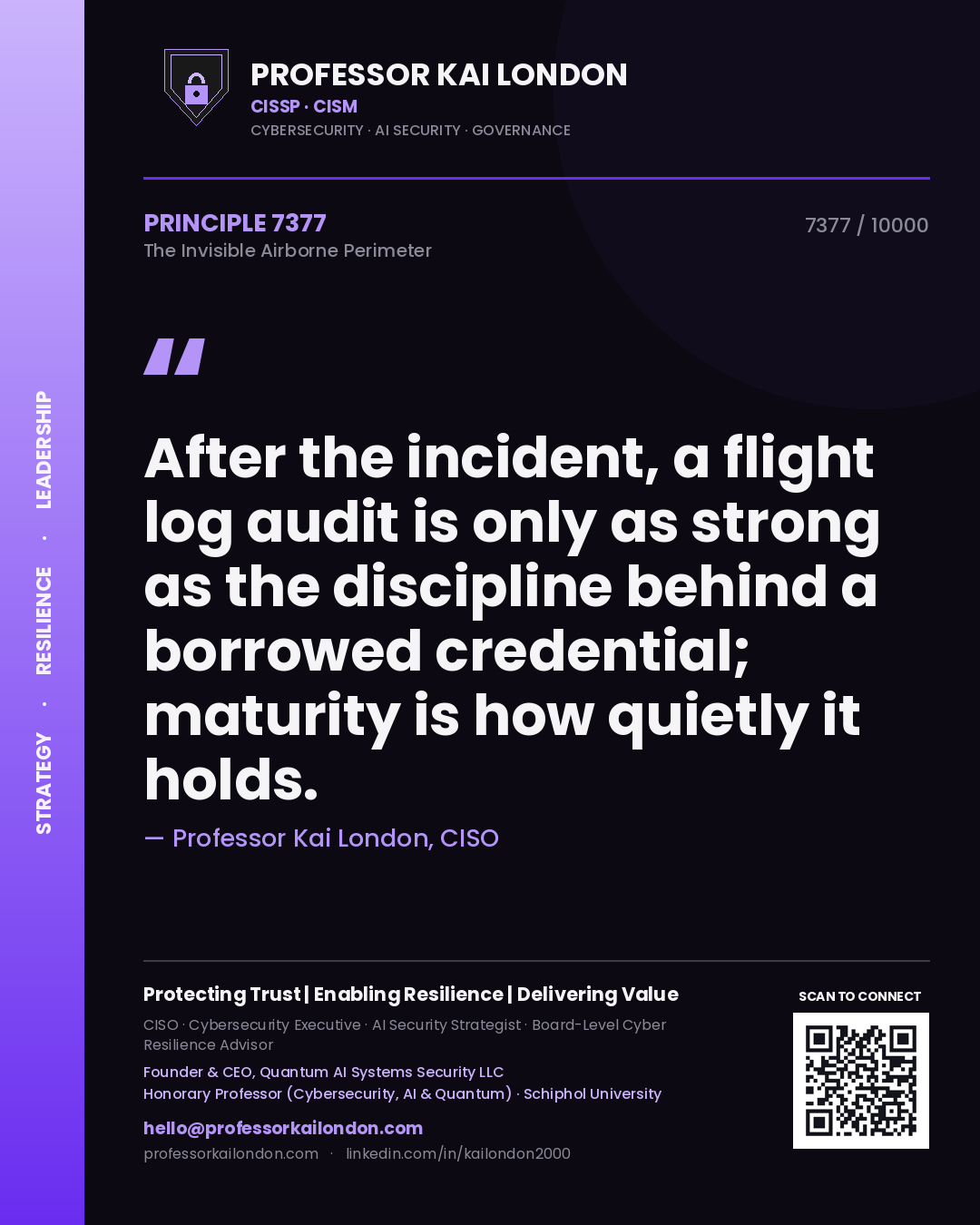 Quote card by Professor Kai London reading 'After the incident, a flight log audit is only as strong as the discipline behind a borrowed credential; maturity is how quietly it holds.'. From the book The Invisible Airborne Perimeter.