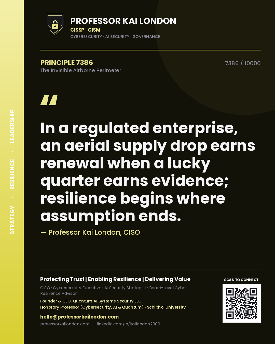 Quote card by Professor Kai London reading 'In a regulated enterprise, an aerial supply drop earns renewal when a lucky quarter earns evidence; resilience begins where assumption ends.'. From the book The Invisible Airborne Perimeter.