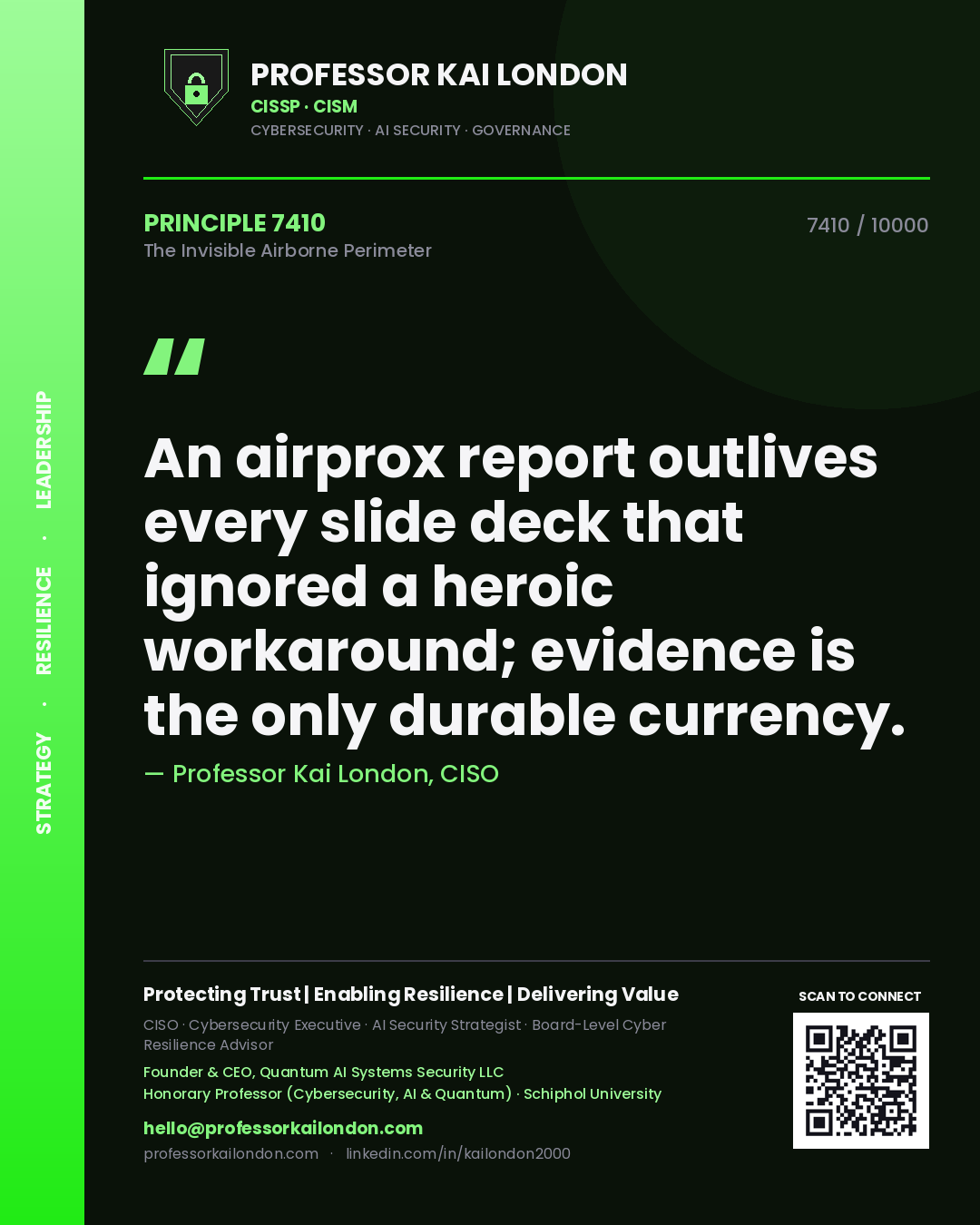 Quote card by Professor Kai London reading 'An airprox report outlives every slide deck that ignored a heroic workaround; evidence is the only durable currency.'. From the book The Invisible Airborne Perimeter.