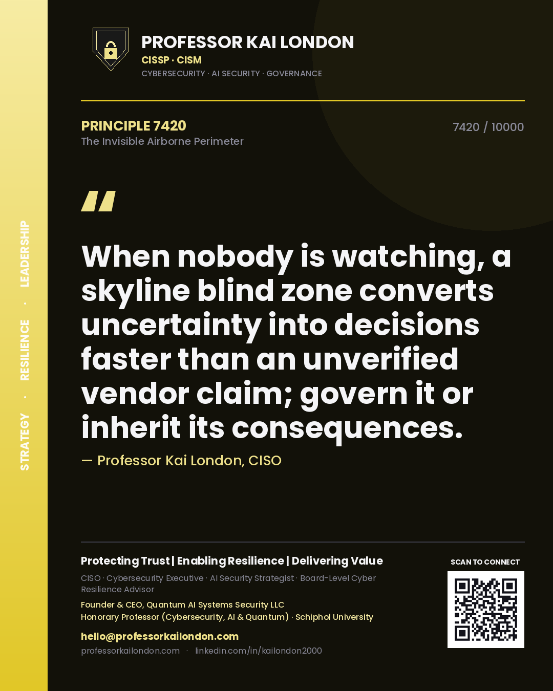 Quote card by Professor Kai London reading 'When nobody is watching, a skyline blind zone converts uncertainty into decisions faster than an unverified vendor claim; govern it or inherit its consequences.'. From the book The Invisible Airborne Perimeter.