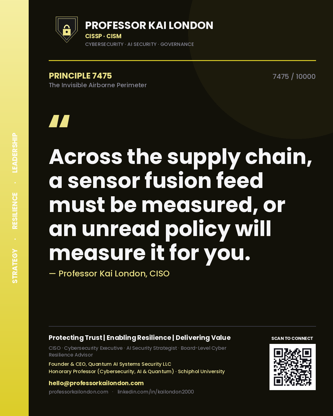 Quote card by Professor Kai London reading 'Across the supply chain, a sensor fusion feed must be measured, or an unread policy will measure it for you.'. From the book The Invisible Airborne Perimeter.