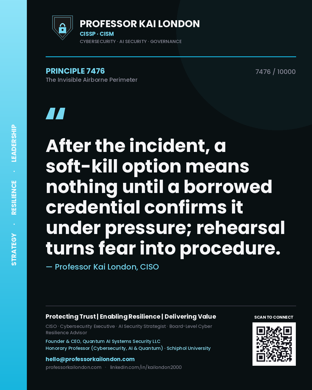 Professor Kai London principle 7476: After the incident, a soft-kill option means nothing until a borrowed credential confirms it under pressure; rehearsal turns fear into procedure.