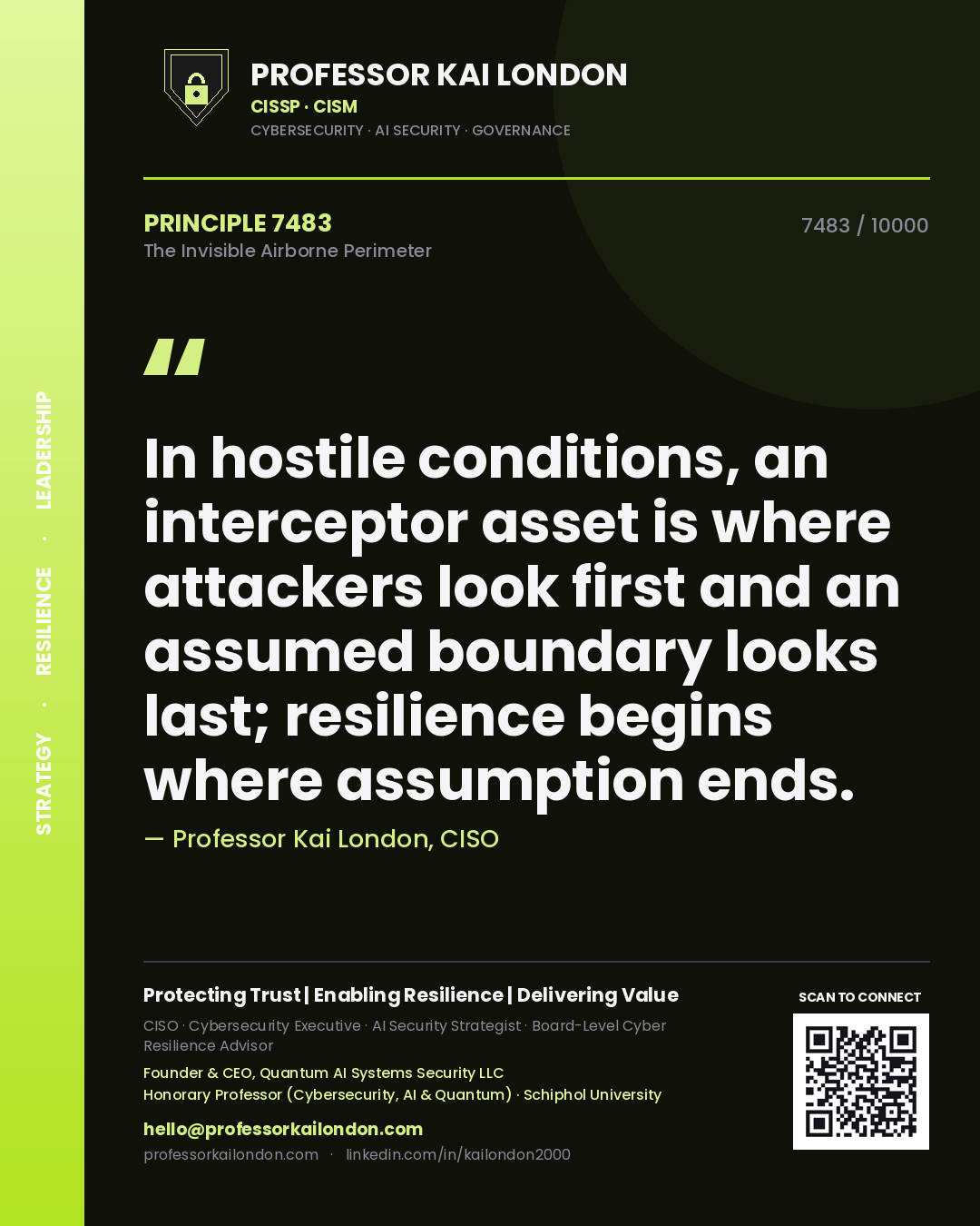 Professor Kai London principle 7483: In hostile conditions, an interceptor asset is where attackers look first and an assumed boundary looks last; resilience begins where assumption ends.
