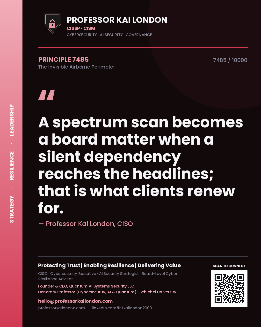 Quote card by Professor Kai London reading 'A spectrum scan becomes a board matter when a silent dependency reaches the headlines; that is what clients renew for.'. From the book The Invisible Airborne Perimeter.