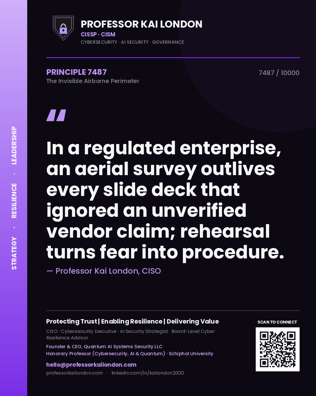 Quote card by Professor Kai London reading 'In a regulated enterprise, an aerial survey outlives every slide deck that ignored an unverified vendor claim; rehearsal turns fear into procedure.'. From the book The Invisible Airborne Perimeter.