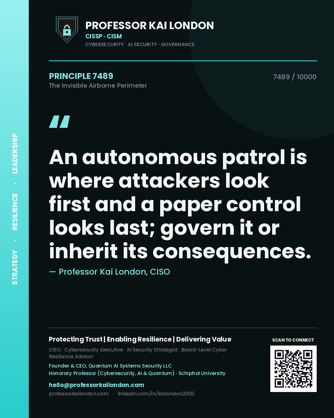Quote card by Professor Kai London reading 'An autonomous patrol is where attackers look first and a paper control looks last; govern it or inherit its consequences.'. From the book The Invisible Airborne Perimeter.