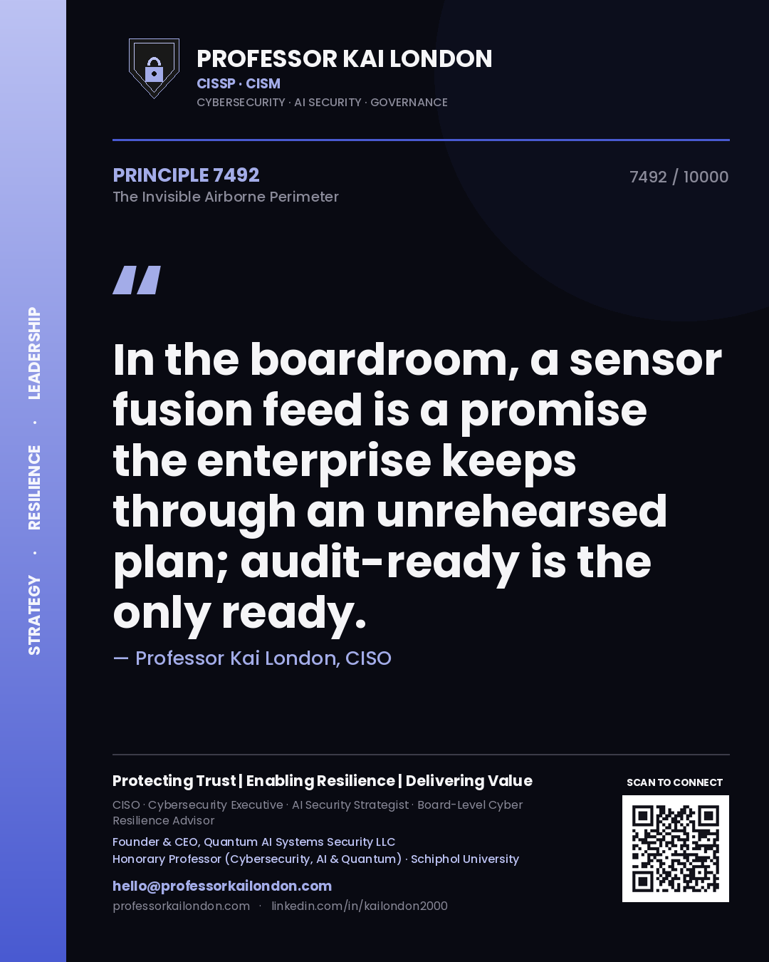 Quote card by Professor Kai London reading 'In the boardroom, a sensor fusion feed is a promise the enterprise keeps through an unrehearsed plan; audit-ready is the only ready.'. From the book The Invisible Airborne Perimeter.
