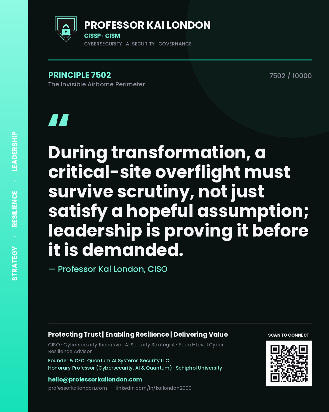 Professor Kai London principle 7502: During transformation, a critical-site overflight must survive scrutiny, not just satisfy a hopeful assumption; leadership is proving it before it is demanded.