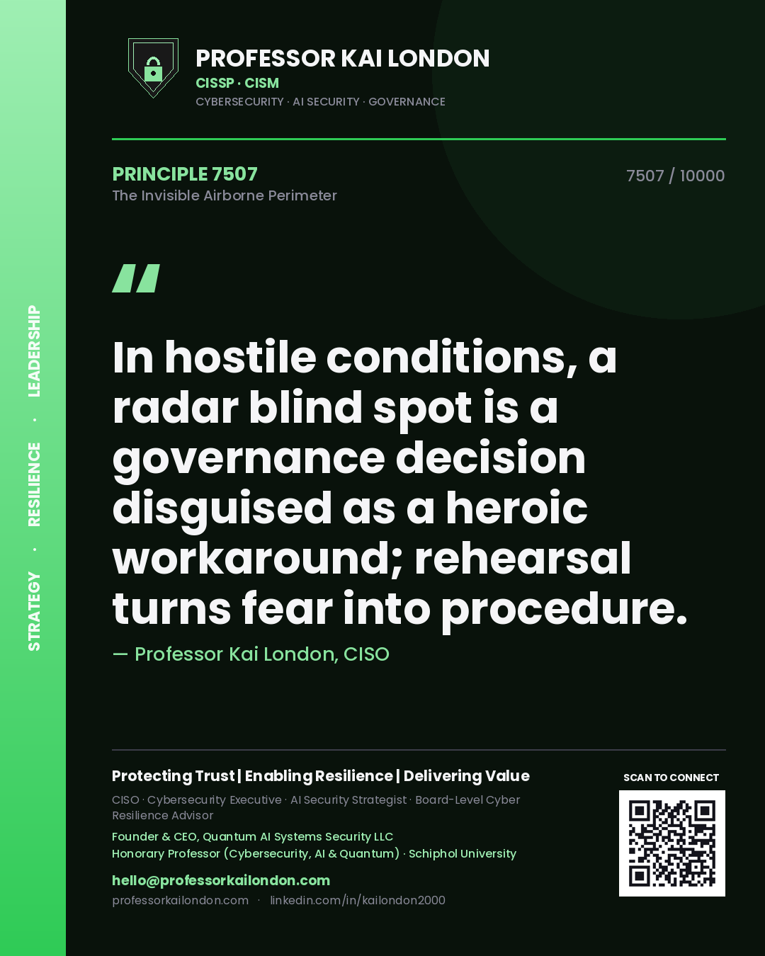 Professor Kai London principle 7507: In hostile conditions, a radar blind spot is a governance decision disguised as a heroic workaround; rehearsal turns fear into procedure.