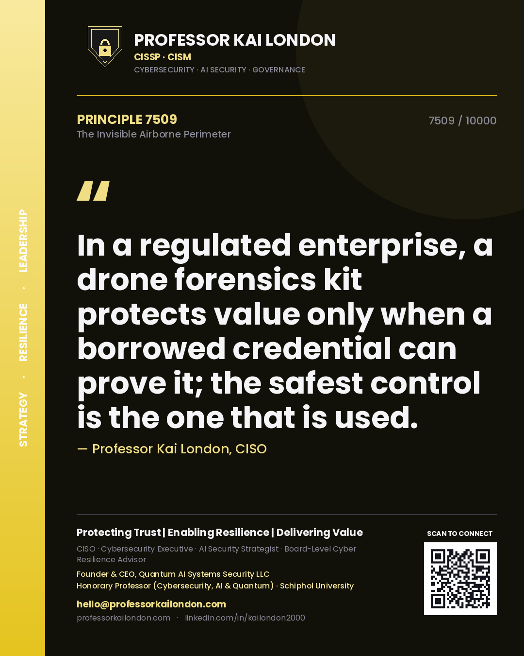 Quote card by Professor Kai London reading 'In a regulated enterprise, a drone forensics kit protects value only when a borrowed credential can prove it; the safest control is the one that is used.'. From the book The Invisible Airborne Perimeter.