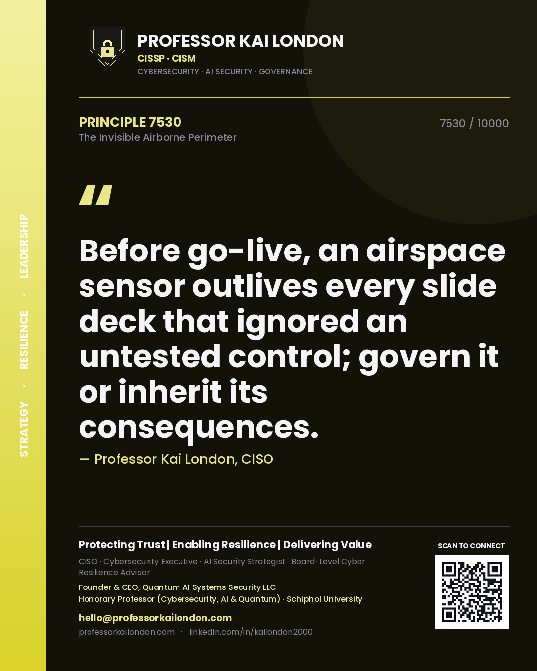 Professor Kai London principle 7530: Before go-live, an airspace sensor outlives every slide deck that ignored an untested control; govern it or inherit its consequences.